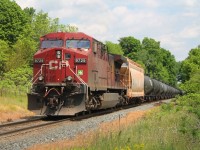 12:30 and an eastbound tank train with 9729 pushing for all her might. CP 8894 was on the front end and they have rounded the curve at Reidsville crossing and are running down the bank towards Orrs Lake. The detector said the train had 404 axles?