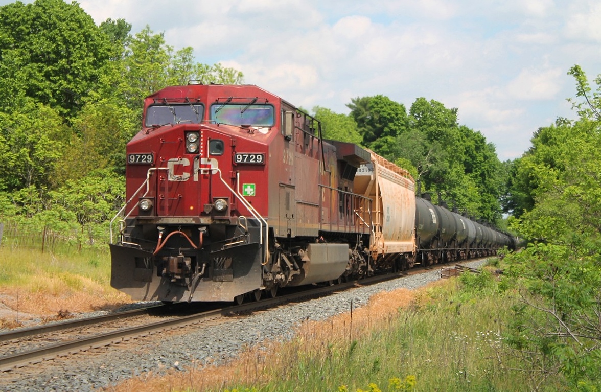 12:30 and an eastbound tank train with 9729 pushing for all her might. CP 8894 was on the front end and they have rounded the curve at Reidsville crossing and are running down the bank towards Orrs Lake. The detector said the train had 404 axles?