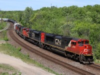 A nice treat on CN 382 today with not just 4 SD70s but 2 former EMD demonstrators at the helm. The train is seen rolling through Bayview Jct.
