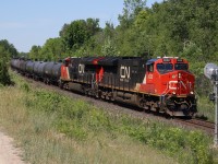 A large and not so very common CN train L570 is seen rolling through Scotch Block with a pair of GE built T4's. 