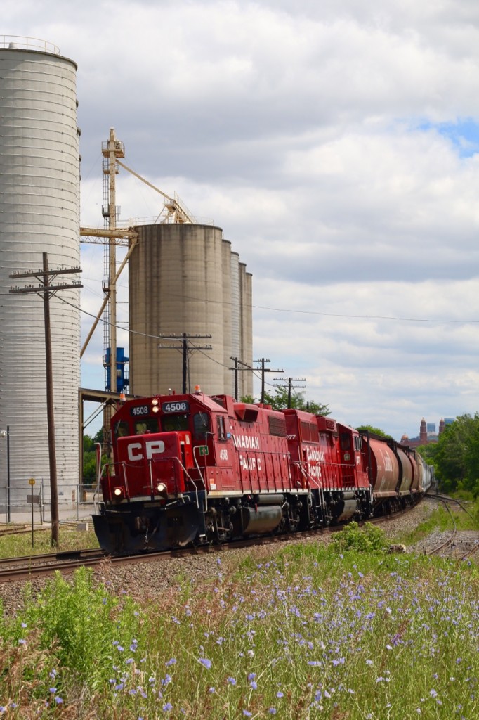 Another day's CP local T14 gets underway beyond the cover of wild flowers after switching out ADM down the spur to the right. While GP38s and GP20s may not be the most interesting power out on the road these days, a look beyond the red paint can sometimes reveal a little interesting history. The high headlight and 4500 number series on the lead unit reveals the unit was once SOO Line 4508. Dig a bit deeper and the history reveals it started life as Milwaukee Road #358. A rebuild a few years ago gave it its CP red coat and is also now equipped for remote control operation.