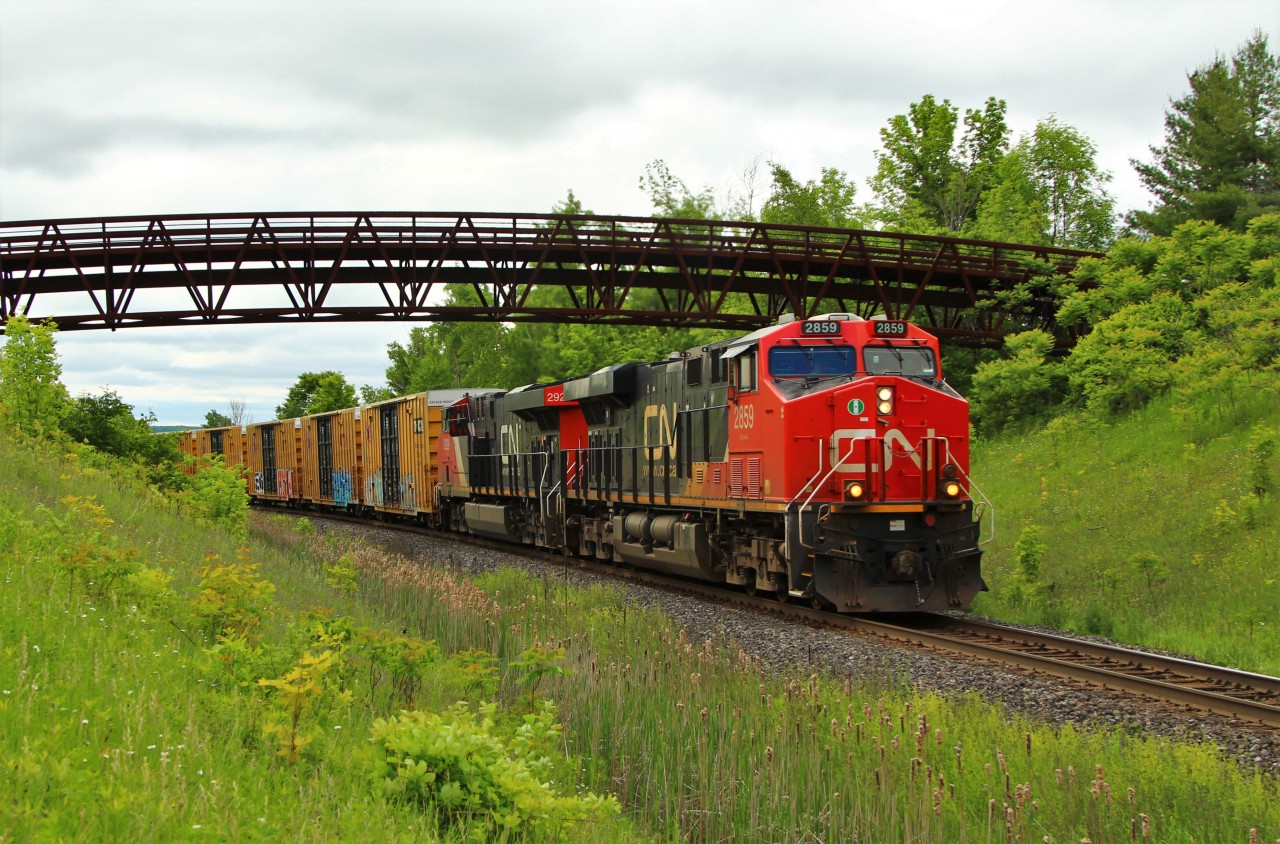 Rumbling away at 15mph, this 612 axel train led by a pair of ES44AC's in CN 2859 and a renumbered CN 2929 (delivered as CN 3029), work their way around the bend and under the Glencairn Golf course walk bridge on their way to MM30 on the Halton sub.