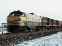 In the mid 1960s CN and Ontario Northland pooled power between Toronto and North Bay. ONR units would sometimes wander a bit and here we see 1520 leading CN 3679 and CN 3201 thru Bowmanville on train 301 at 10:15 am January 19/66