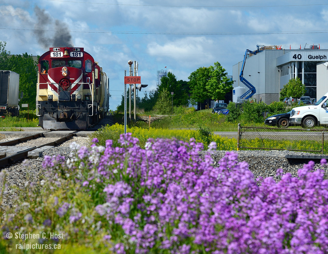 More spring.... and more smoke - can't go wrong with the MLW's on the Ontario Southland Railway. Crossing the 'Hanlon Expressway'. I 'placed' the shot with the Guelph Tool sign at top right. This spur was built in 1955 by the Guelph Junction Railway - the MTO regretted approving the railway across what as then a planned divided highway for a long long time and will finally rectify the problem by placing an overpass at one of these two crossings in the next year. The other crossing will be closed, and a new connection in the far background will be built between both GJR industrial spurs allowing GEXR/OSR continued access to customers. In 1955 GJR (through the City of Guelph) was proactive in seeing the benefit of rail access in an industrial park, and built two spurs despite not having a direct connection to them - which was not rectified until the purchase of the remains of the Guelph and Goderich Railway (from the River Run Centre to end of track) for a few million in 1997. Funny enough, the 'Guelph and Goderich' was re-organized to be under the Toronto Hamilton and Buffalo railway in STLH at the time! It would be nice to see Canadian cities be proactive in building rail access in new industrial parks.. but when was the last time that happened.