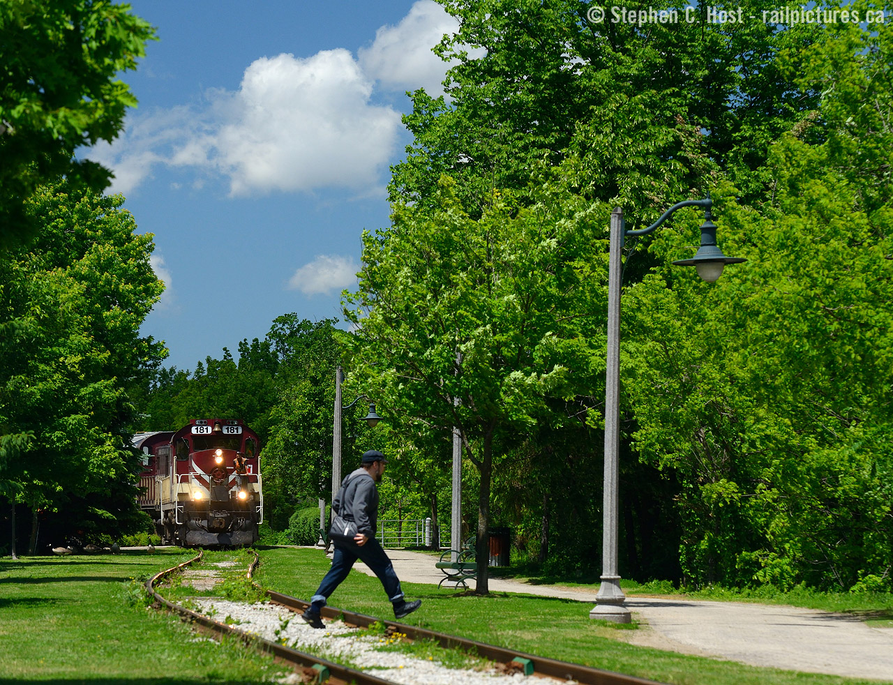 Where rails and trails meet, A hipster  crosess the tracks while the conductor ensures the safety of the movement through John Galt Park in downtown Guelph.