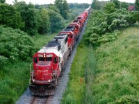 How time flies !! For me it is hard to believe the CP 9800s have been around 12 years already. In this view, new CPs 9832, 9831, 9833 and 9834, fresh out of Erie,PA., trail SOO 6023, 6615, CP 5948 and 5578 as witnessed from the Ridge Rd overpass in Vinemount. This angle good only on cloudy days, in my humble opinion.