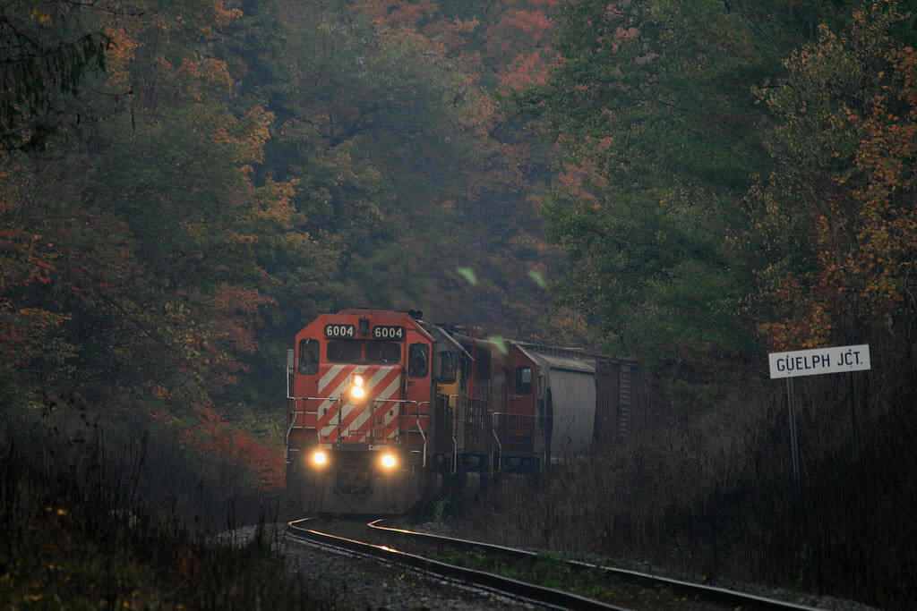 Another one for you Stephen...on a very humid Thanksgiving weekend in 2007, CP 246 heads down the Hamilton Sub through the morning haze.  An ex UP leaser and a SOO Sd60 trailing