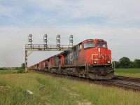 Minutes after X382 flew by on the south, 399 takes the north as it flies through Paris West on the Dundas Subdivision.
