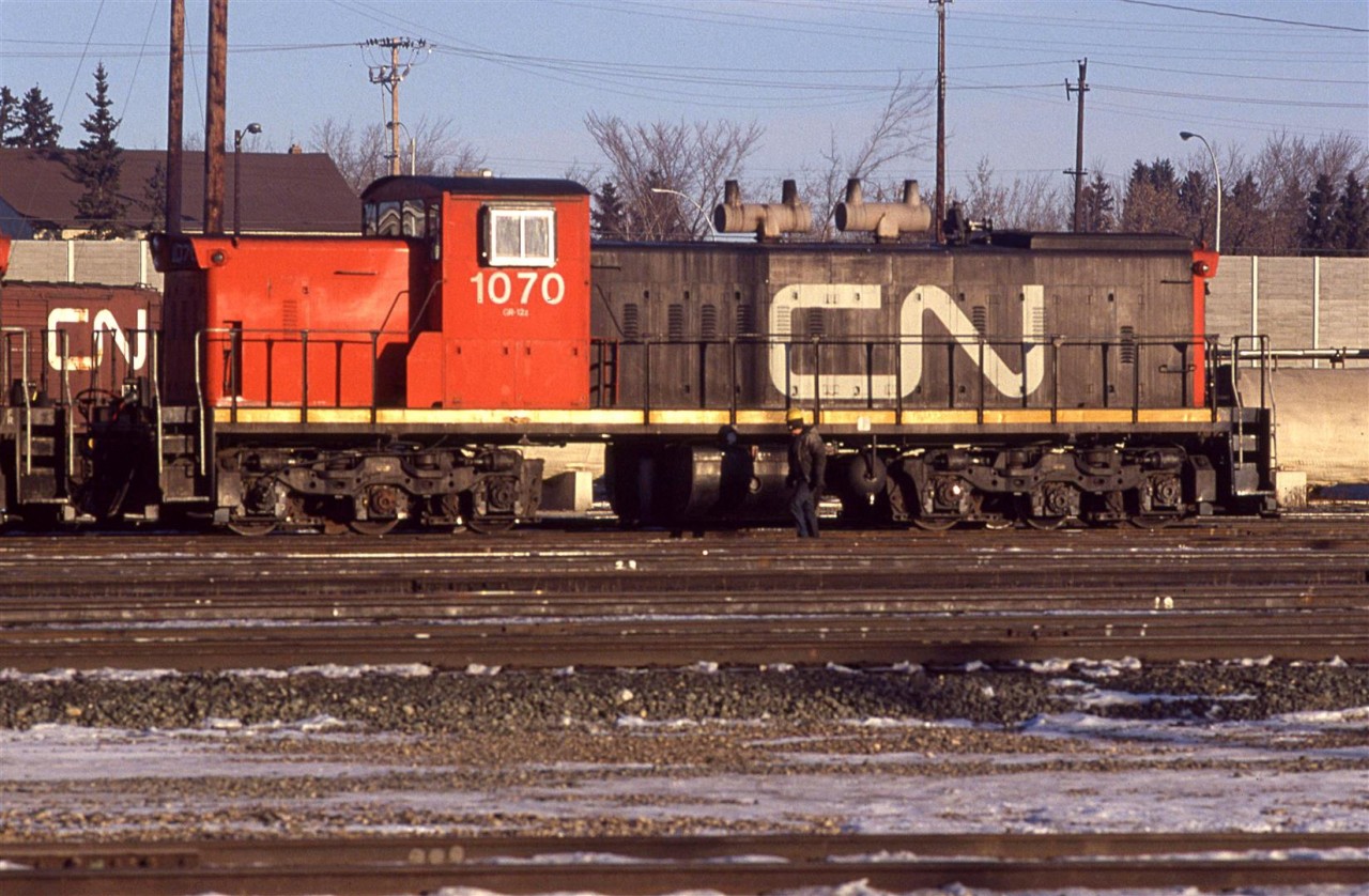 CN 1070, a GMD-1 waits its next assignment on the ready tracks on the west side of the shops.
Didn't "Trains" magazine have something about the number 1070 - perhaps a PO Box or address. They used to have a couple pages dedicated to that number in RRing periodically.