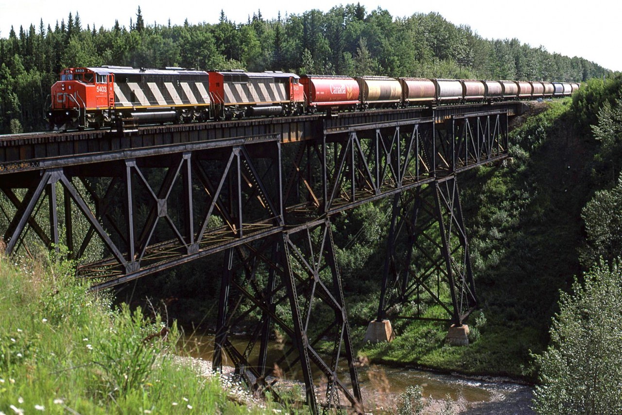 This was a real PITA to get to. All that we had back then for good maps were the topo maps put out by the Federal Government. As they are still now, the updating was rather slow. I had looked at them in the U of Alberta's map library and made some rudimentary sketches (I was a poor student at the time therefore buying maps was not an option.). My wife and I went out to Edson and back-tracked the distance that I measured and began walking north through the wood. We walked about a mile and a half , and instead of coming out at the tracks (Two rivers converge in this area, therefore, we figured that we couldn't get lost), we found a road. That did not make sense. We abandoned the trek for that day and I went back to the library.
As it turned out, the map did not show the new, replacement highway to the south. Now, with a better understanding of the lay of the land, we found the little spur road that took us about half way to the tracks and bushwhacked our way the rest.
Shortly after arriving, we caught this westbound grain train with two new-ish SD-50F's leading. They are crossing Wolf Creek.  Only a couple hundred meters to the north, this creek empties into the much larger McLeod River.