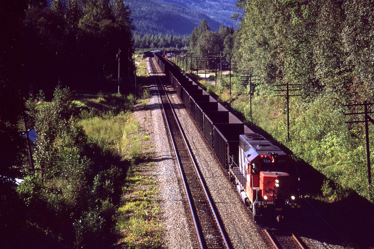 An eastbound coal empty rumbles through Avola. There appears to be some MOW equipment in the siding at the bend.