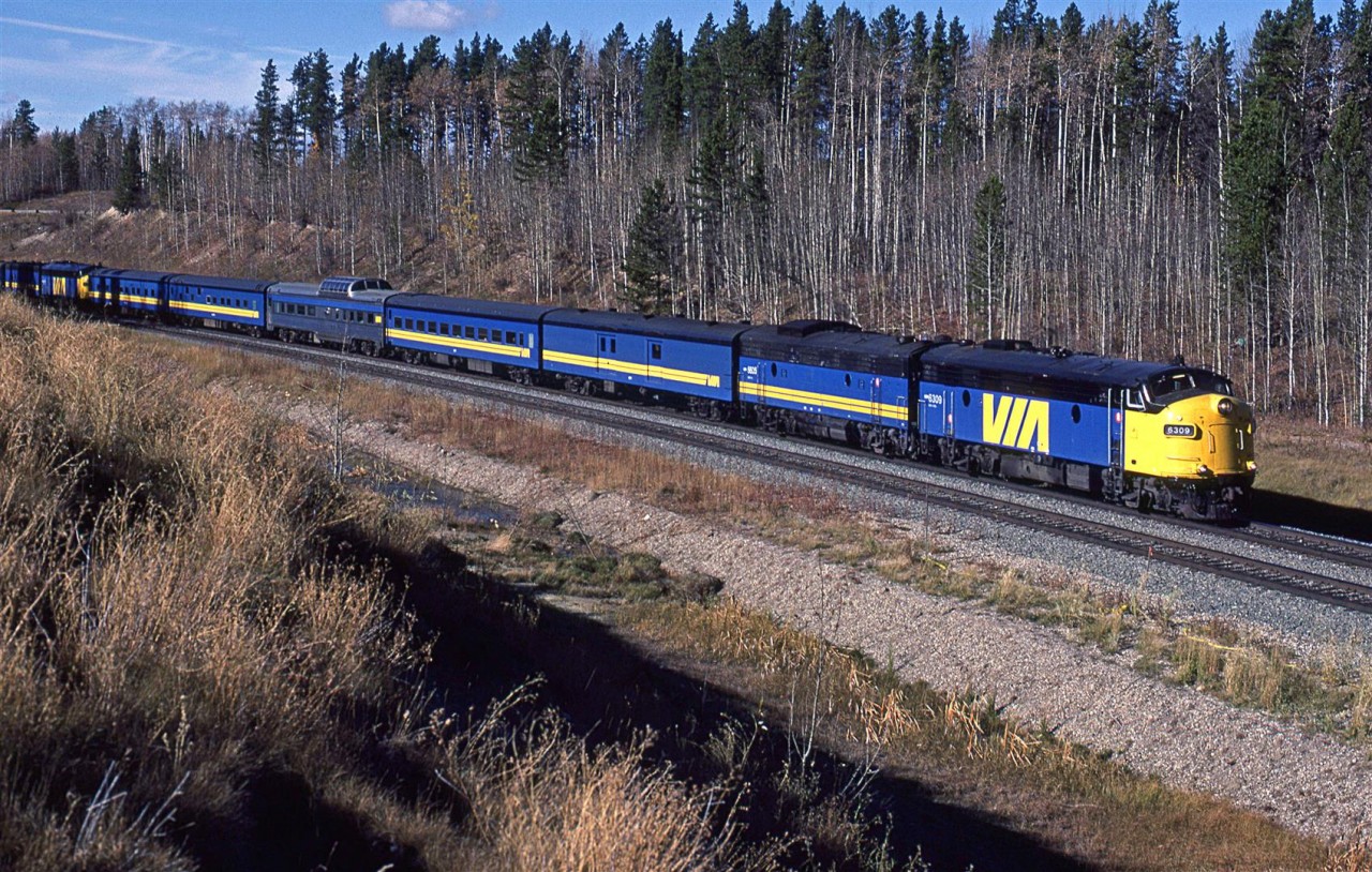 In a previous post, I said that I had not seen a combined "Super Continental" and "Skeena" in a while. I am pretty certain that this is the last time that I would photograph one - mostly because I wasn't taking that many train photos around this time. I don't know when the practice ended.
To the right, out of frame, there is a new overpass being prepared as Alberta Highways wants to bypass a sharp curve in the road. The soon to be bypassed bridge may be seen at far left.
