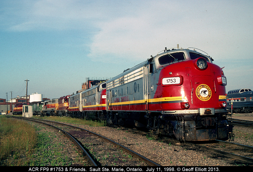 Used to love going to the Sault for work.  This trip however was for a motorcar run on the AC from Sault Ste. Marie to Hearst and back.  The day before our departure however a visit to the AC shops nabbed us Algoma Central FP9A #1753 (ex-VIA/CN #6514), sitting quietly in the Sault Ste. Marie yard among friends from the ACR and WC.  Where else could you have shot a lastup of 3 F's, a WC GP40-2, an ex-ACR SD40-2, an ex-BN SD45, and a WC SD45!!!