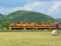 With the temperature at 32C and no rain for days, the hay is dry.  But the hills of the Laurentians are green on a sunny July day.