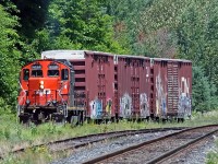 CN 4138 is the relief power for CN 595 - the Huntsville roadswitcher - this week, filling in for the usual 4132 while the latter is getting routine maintenance. 4138 still has the remains of the "AR Illinois" logo on its nose as applied for the movie "The Wrong Guy" with Dave Foley and Jennifer Tilly released back in 1997. I've heard people erroneously call this Geep the "40 unit" or the "AP unit" as missing paint/decal from the logo where access panels have been replaced over the years could make someone not familiar with the back story mistake it for either of those. I even had a CN foreman telling me a few years back on another of its relief missions - that time while 4136 was the "home" power for 595, "there's an IC unit down at Martins" because the Illinois lettering had him a tad confused. 4138 is seen here on the back track at Martins, about to back up the spur to the Panolam facility located there.