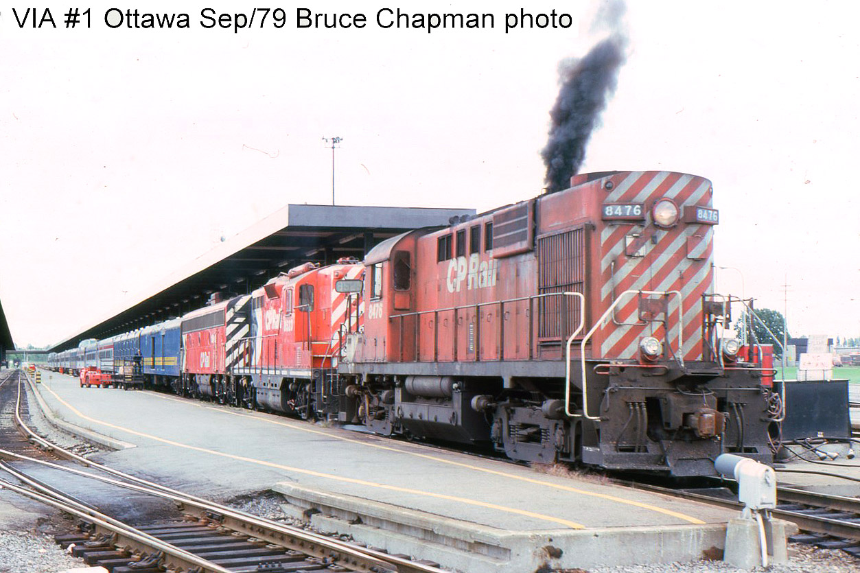 About a year after the start up of VIA we see No. 1 at Ottawa in this photo by Bruce Chapman. From the puff of black smoke it looks like the engineer has just opened the throttle. A common complaint from engine crews, when they had an MLW with the long hood forward, was fumes in the cab. One has to wonder why the freshly painted geep was not put in the lead.