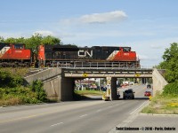 CN 8822 and two other units lead this eastbound freight across the overpass of Highway 2 in Paris. I would later chase this train to Copetown, where the real action was happening!