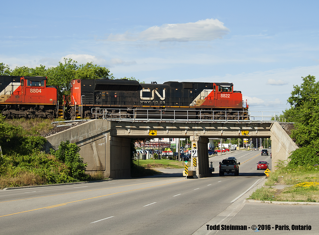 CN 8822 and two other units lead this eastbound freight across the overpass of Highway 2 in Paris. I would later chase this train to Copetown, where the real action was happening!