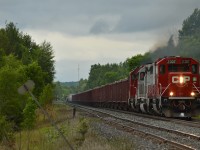 CP 2307/CEFX 3109/CP 2263 are giving GPS-08 everything they've got maxed out with 40 stone loads for unloading on the Belleville sub and 37 cars of Sudbury traffic for connection with 246 at Spence. It was pretty nice to hear the old SD40M-2 (built as SP 7344) at full throttle with some serious tonnage echo that familiar EMD battlecry! 