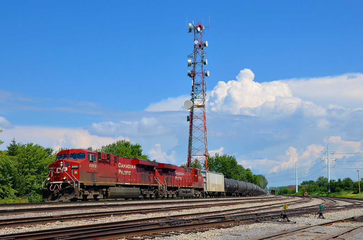Ethanol loads past Lasalle Yard. CP 650 with ethanol loads for Albany, NY passes the mostly empty Lasalle Yard with ES44AC's CP 8868 & CP 9373 for power.