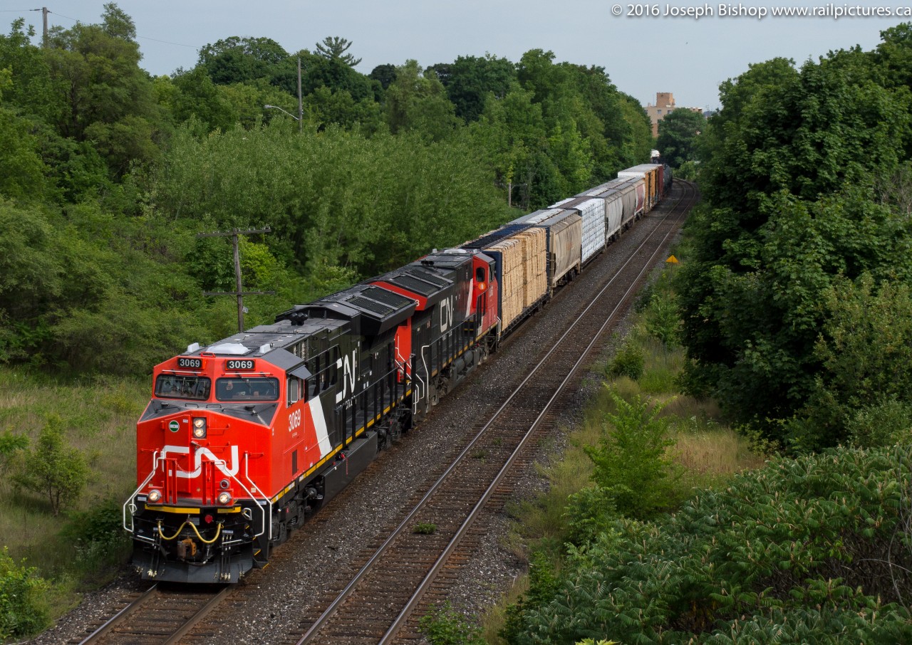 CN 3069 and CN 3063 power CN 435 out of Brantford on a warm July afternoon.  I was amazed at how quiet the pair of new Tier 4 GE's were as they pulled by me with a fair sized train in tow.  Three days later Michael Berry would catch 3069 in Montreal, neat to see how power rotates across the CN system.