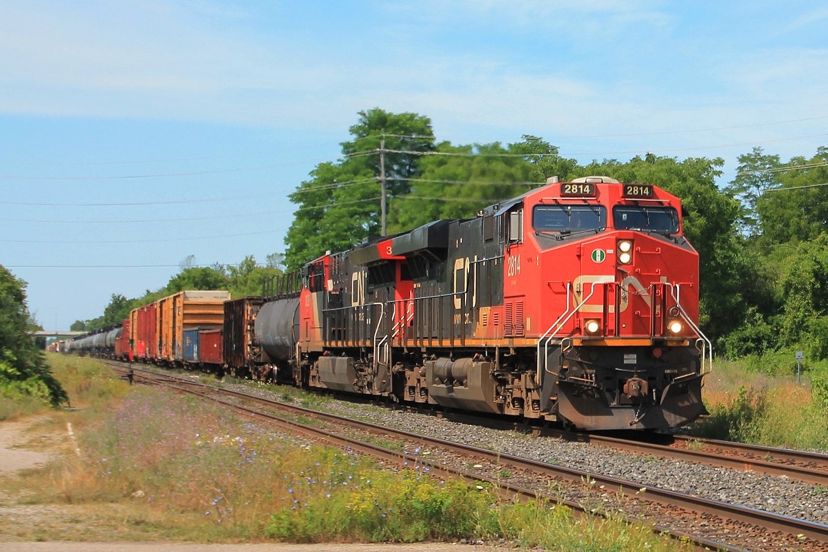 A late morning eastbound mixed freight passes through Ingersoll.
