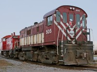 <b> A rocket and a pup</b> This coupled up duo rests on the water track after a day of switching industries in downtown Guelph. For switching purposes, I prefer the RS23's very responsive throttle and fast loading over the SW1200RSu even though I'm a GMD guy.
