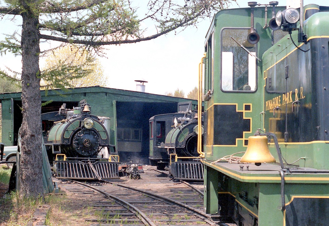 A view of the Pinafore Park Railroad's engine shed in St. Thomas in 1984. Pictured from left to right in the background are steam locomotives #2 (21-ton oil fired) and #1 (17-ton coal fired), both MLW 0-4-0T's originally built in 1926 for Canadian Gypsum. In the foreground is locomotive #3, a GE 25-ton diesel built in 1948. All were sold to the Huntsville & Lake of Bays Railway Society later in 1984, where #2 runs the Huntsville to Fairy Lake train and #1 is being restored.