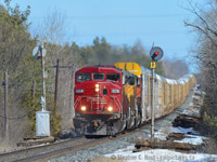 SOO 6061, the last SD60M in SOO paint splits the classic 1945 spired searchlights  at mile 47.9 Galt sub.

