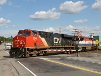 Heading north on the CN Bala Sub a stack train crosses the Trans Canada Highway with an enthusiastic wave from the conductor.