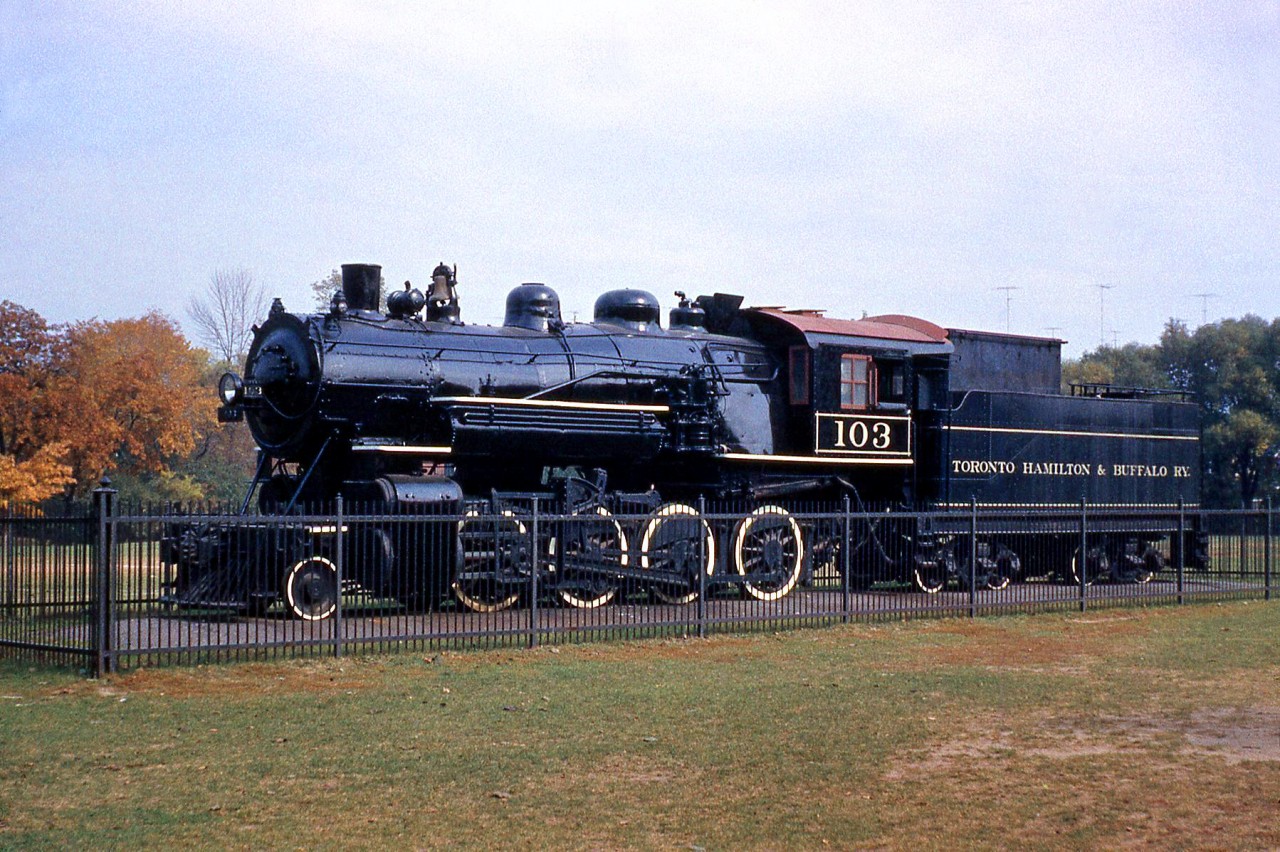 The former Toronto, Hamilton & Buffalo Railway 2-8-0 103 is shown on display in Gage Park in Hamilton, in 1960. It is now at Westfield Heritage Village near Rockton, Ontario, where it had undergone an extensive restoration in the late 90's/early 2000's.