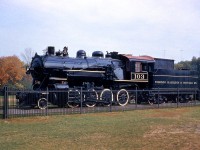 The former Toronto, Hamilton & Buffalo Railway 2-8-0 103 is shown on display in Gage Park in Hamilton, in 1960. It is now at Westfield Heritage Village near Rockton, Ontario, where it had undergone an extensive restoration in the late 90's/early 2000's.
