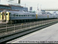 I believe this was taken after a day at the CNE and we were waiting for the eastbound GO Train. The Budds are westbound and you can see the old footbridge in the background. I didn't know the 6110 was anything special as Budd Cars go but Jim Blunt informed me that  "Via 6110 was the original Budd demonstrator complete with a different truck and outboard disk brakes. One of a kind." Thanks Jim.