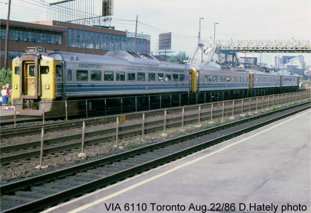 I believe this was taken after a day at the CNE and we were waiting for the eastbound GO Train. The Budds are westbound and you can see the old footbridge in the background. I didn't know the 6110 was anything special as Budd Cars go but Jim Blunt informed me that  "Via 6110 was the original Budd demonstrator complete with a different truck and outboard disk brakes. One of a kind." Thanks Jim.