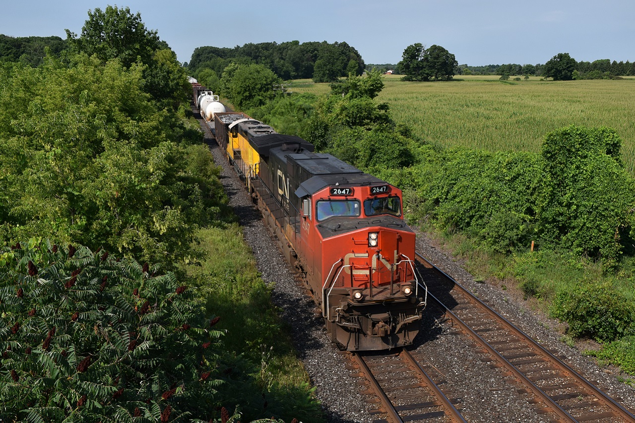 CN A438 passes MP 6.7 at Frank's Lane bridge with a special unit trailing. ex ETR 102, now OS 102 trails behind a CN dash 9 and gets dropped off at London East. Will it get transferred to OSR by CP or CN from London?
