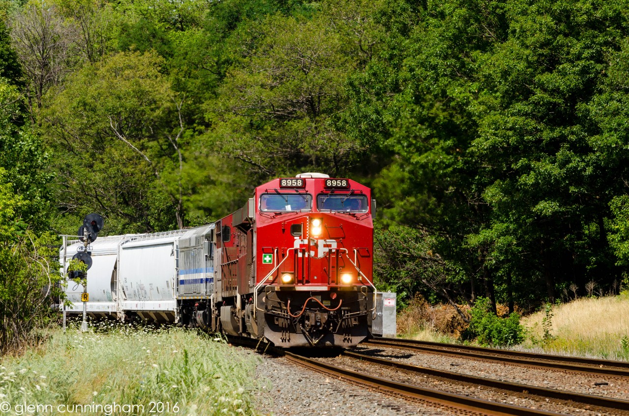 Train 246 with GE's 8958,89xx and LTEX 270 drift pass the signals at the s-curve at the Hamilton Cemetery as they head south to Buffalo.