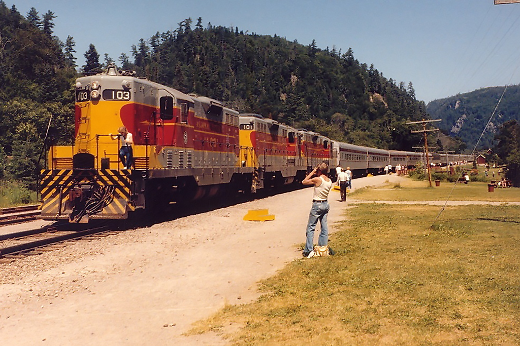 The Agawa Canyon Special prepares to head south behind 3 rebuilt GP9's. Some days, it had 4!!