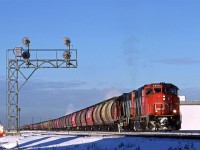 Another 820, leaves Edmonton to have it's grain cars filled at elevators along the Camrose and/or Three Hills Sub south toward Calgary.
CTC on the Waingroght Sub ends here, as Calder Yard (Maybe called Walker Yard at this time) begins. The track furthest to the left is the yard bypass. 