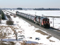 This is a rather distinctive train. It is a delivery of jet fuel to CFB Cold Lake - the railroad calls it Grand Centre. I believe that it was a outbound one day and return the next. 
The steam on the horizon is from the ESSO refinery in east Edmonton.