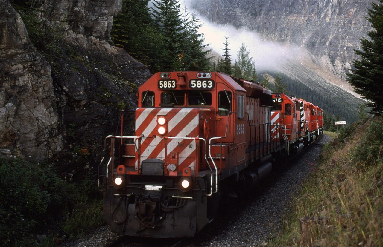 The sun is up, but it is not nearly high enough to reach the heart of "The Big Hill". 
This westbound manifest has just exited the Upper Spiral Tunnel and is approaching the east switch of Yoho Siding. The "Partridge" sign indicates the name of the next siding, uphill from here.