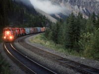 A westbound manifest holds the main but will have to stop before the end of Yoho so that an eastbound may get by on the siding.