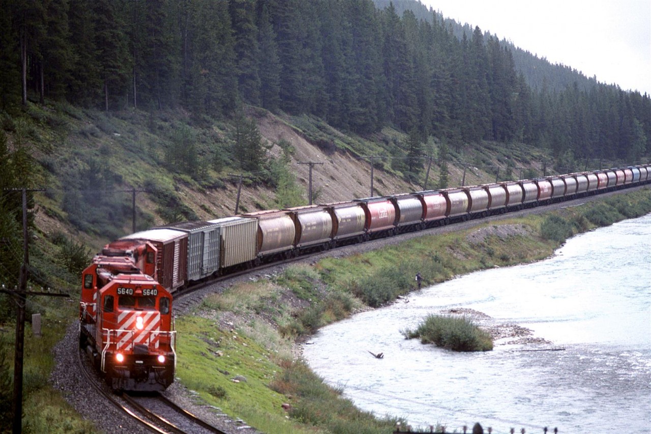 Because we were showing someone around the area, we had to stop at Morant's Curve, just east of Lake Louise.
We knew that the eastbound "Canadian" was approaching, but this westbound showed up first. Poles and wires were still in place at that time.
It looks like someone was trying their hand a fishing in the cold Bow River.