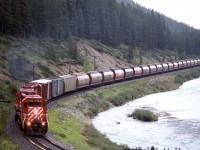 Because we were showing someone around the area, we had to stop at Morant's Curve, just east of Lake Louise.
We knew that the eastbound "Canadian" was approaching, but this westbound showed up first. Poles and wires were still in place at that time.
It looks like someone was trying their hand a fishing in the cold Bow River.