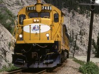 I had not even heard of the "Rocky Mountaineer" when I took this photo. Imagine my surprise when this came around the corner. This is probably the first year of operation. (Does that mean that the "Super Continental" is no longer and that the "Canadian" is running through Edmonton in mid 1990?).
As you can see, the idea of proceeding further up the canyon would have been foolhardy - remember I only had topographic maps to scout this route - no Google satellite views.  