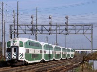 A westbound GO train is being operated as a push-pull operation on this Sunday. Here, it is being pushed west.