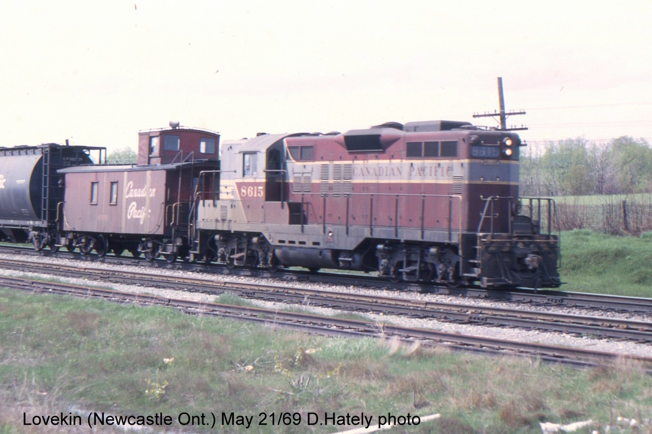 The CPR assigned almost all GM road switchers to Western Lines in the 1960s. It was unusual to see one on the wayfreight eastbound here, especially running backwards with the van on the wrong end of the train. Lovekin siding is popular with railfans as it is the first spot east of Toronto where CP and CN mainlines (with VIA) come close together. They run roughly parallel from Lovekin to Belleville.