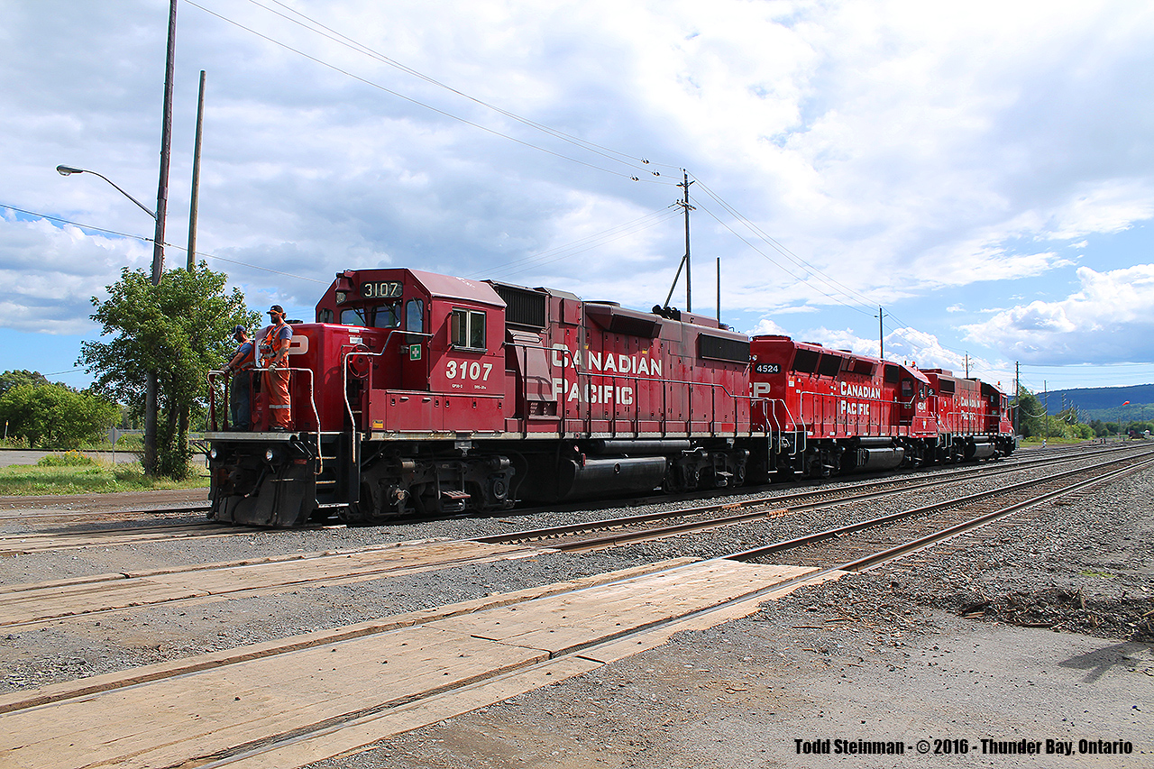 The Canadian Pacific still has a strong presence in Thunder Bay. Here, a very faded 3107, 4524 and 4446 are seen working the yards.