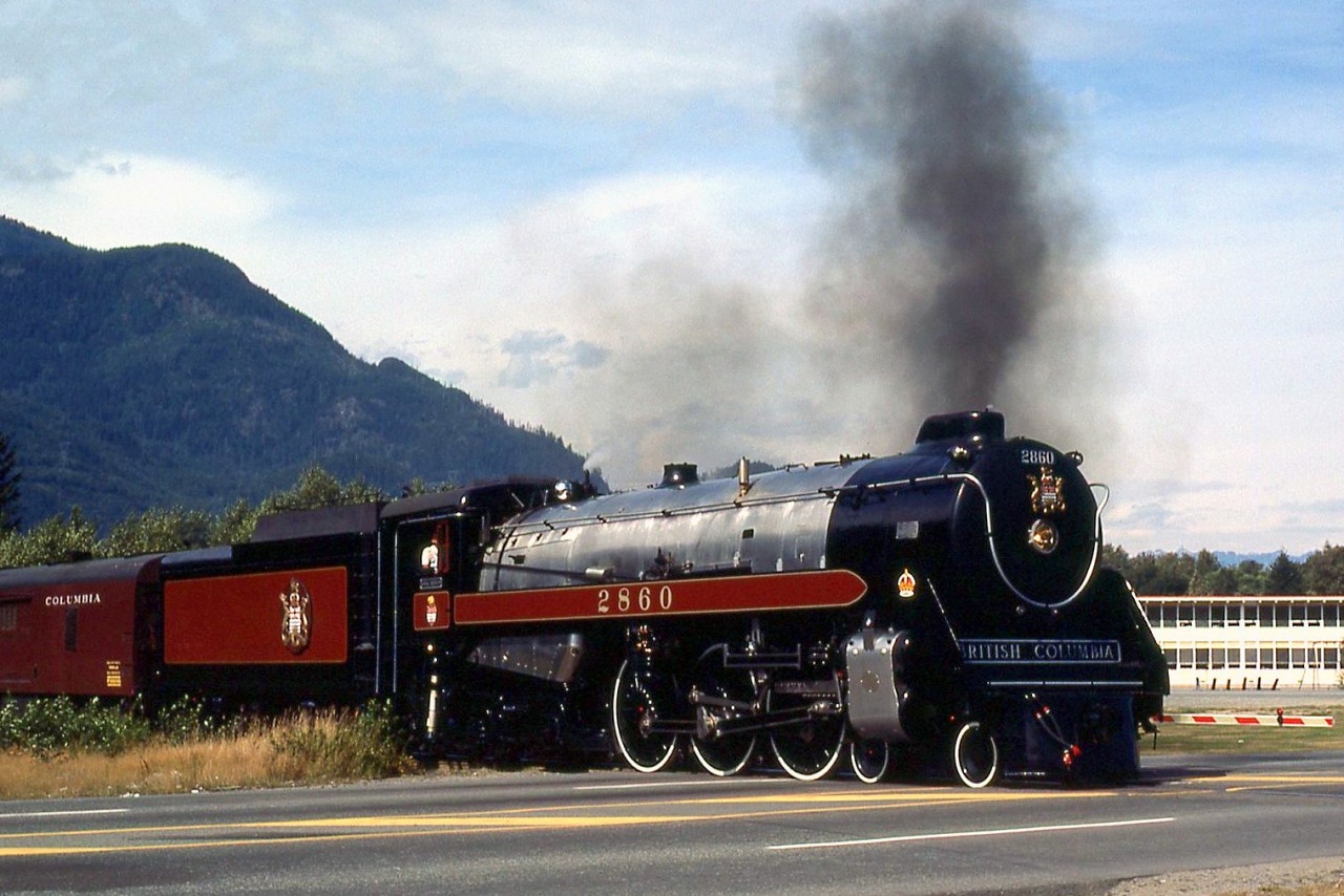 Former Canadian Pacific Royal Hudson 2860 (part of the final H1e class, CP 2860-2864 built by MLW in 1940), now owned by the British Columbia government, is seen operating on BC Rail at Squamish in 1984.