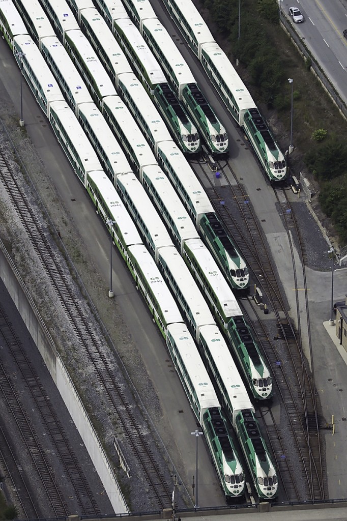 The west layover yard is smaller but full. What used to be Don Yard is now also stacked with layover trains. Change is inevitable.