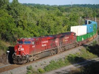 CP 143 glides down the hill with lots of intermodal.